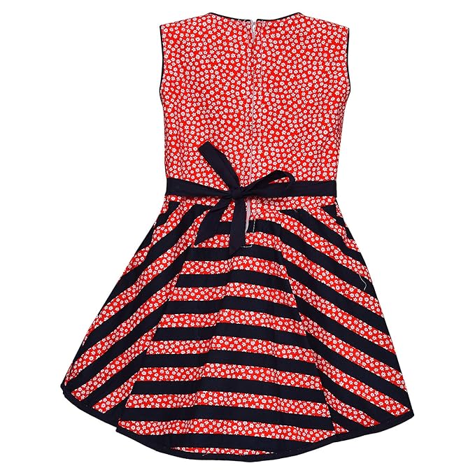 Girls Floral Printed Cotton Sleeveless Dress with Navy Striped Flared Skirt