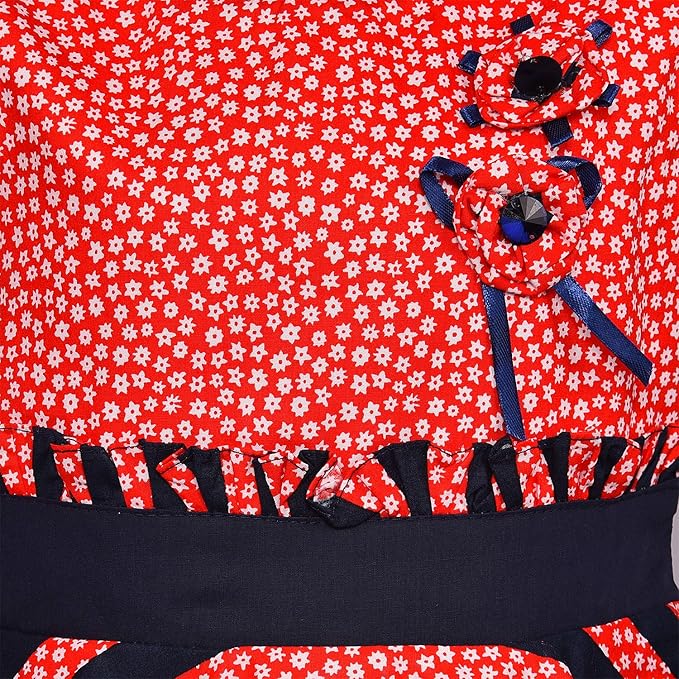 Girls Floral Printed Cotton Sleeveless Dress with Navy Striped Flared Skirt