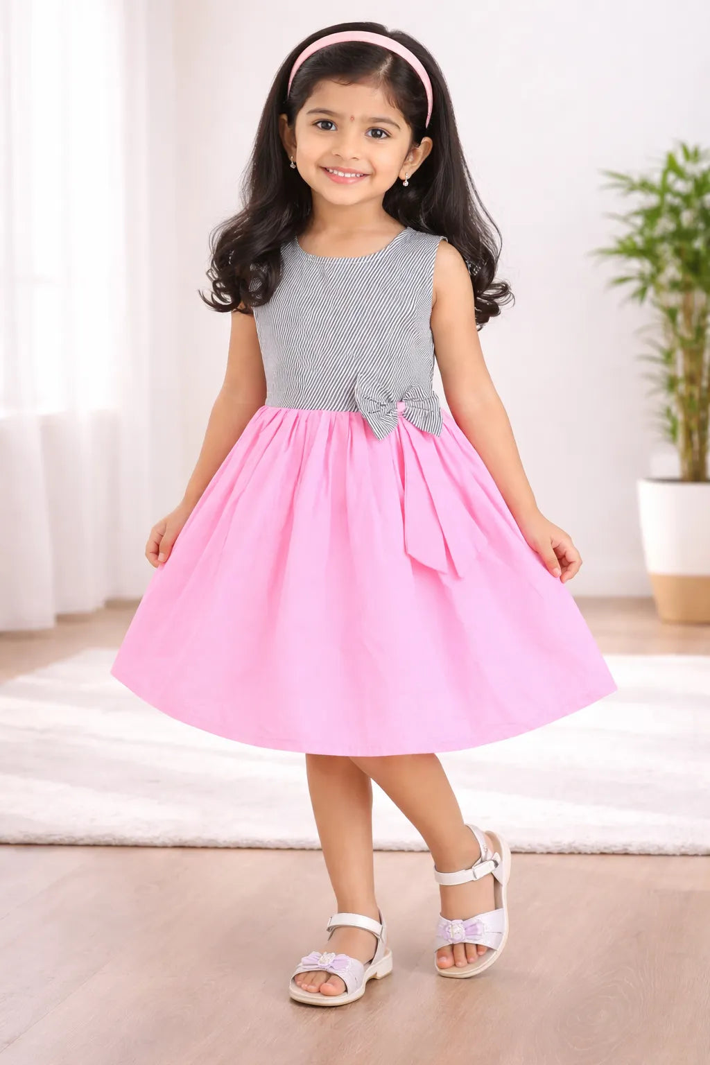 Girls Cotton Sleeveless Party Dress with Bow Detail
