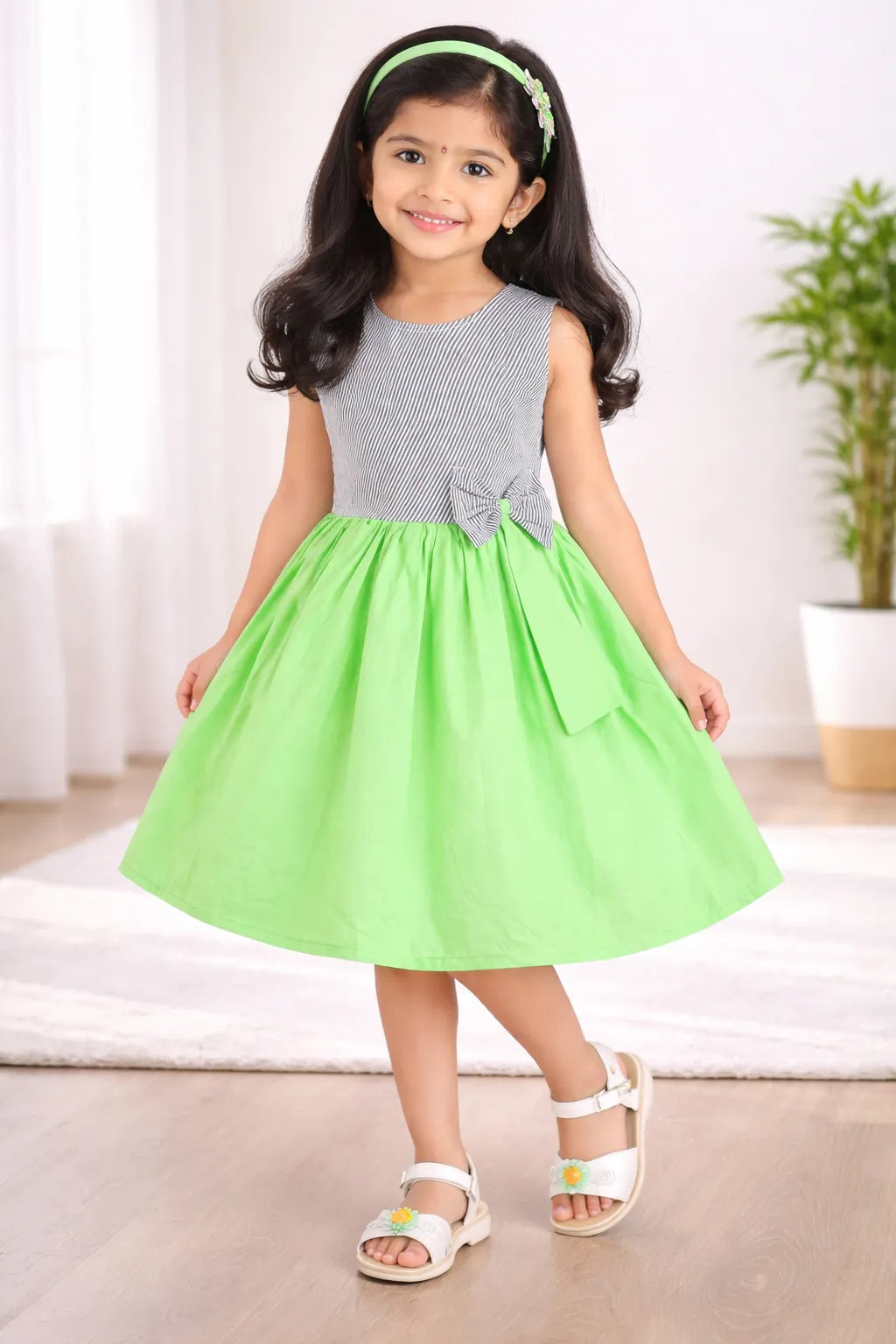Girls Cotton Sleeveless Party Dress with Bow Detail