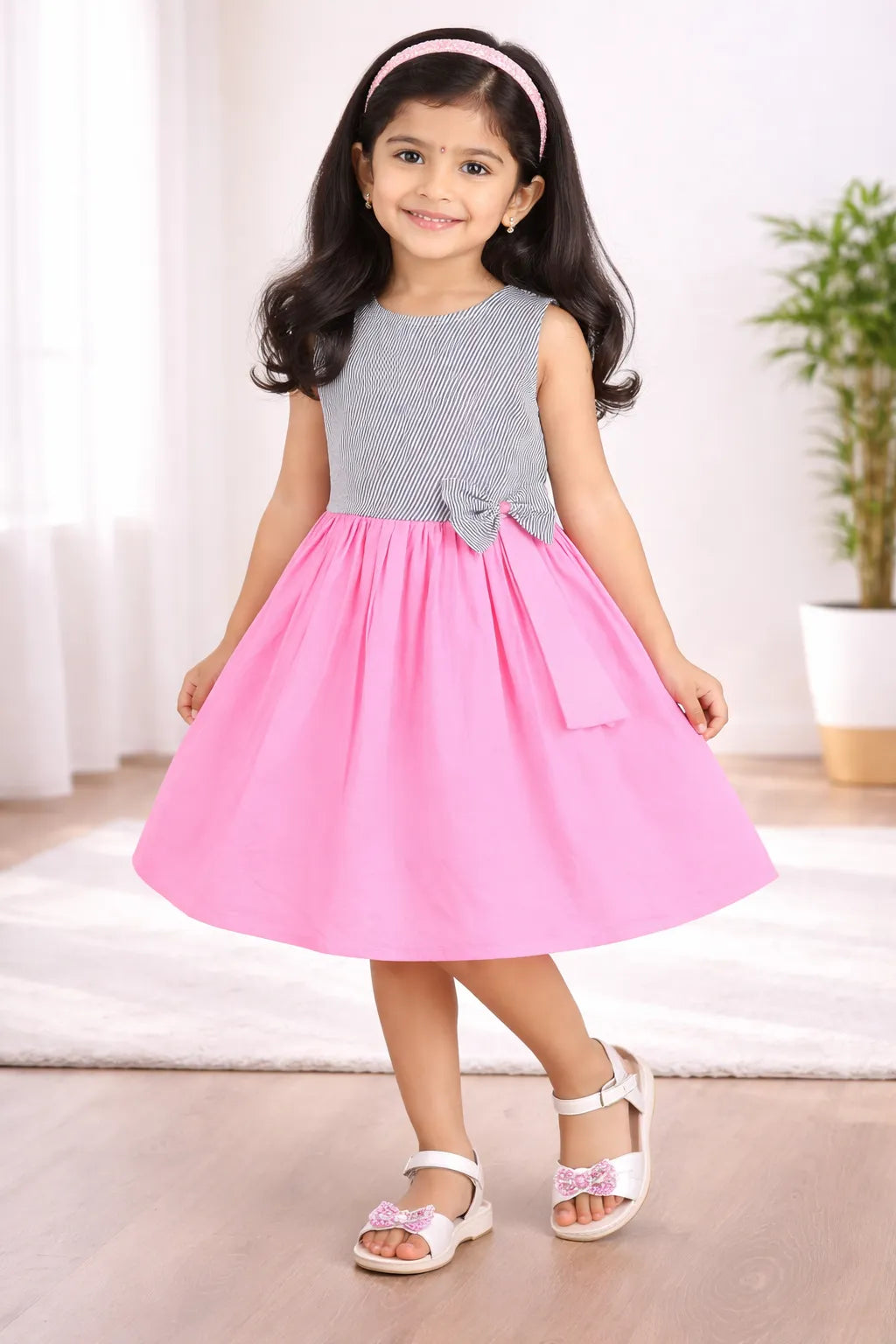 Girls Cotton Sleeveless Party Dress with Bow Detail