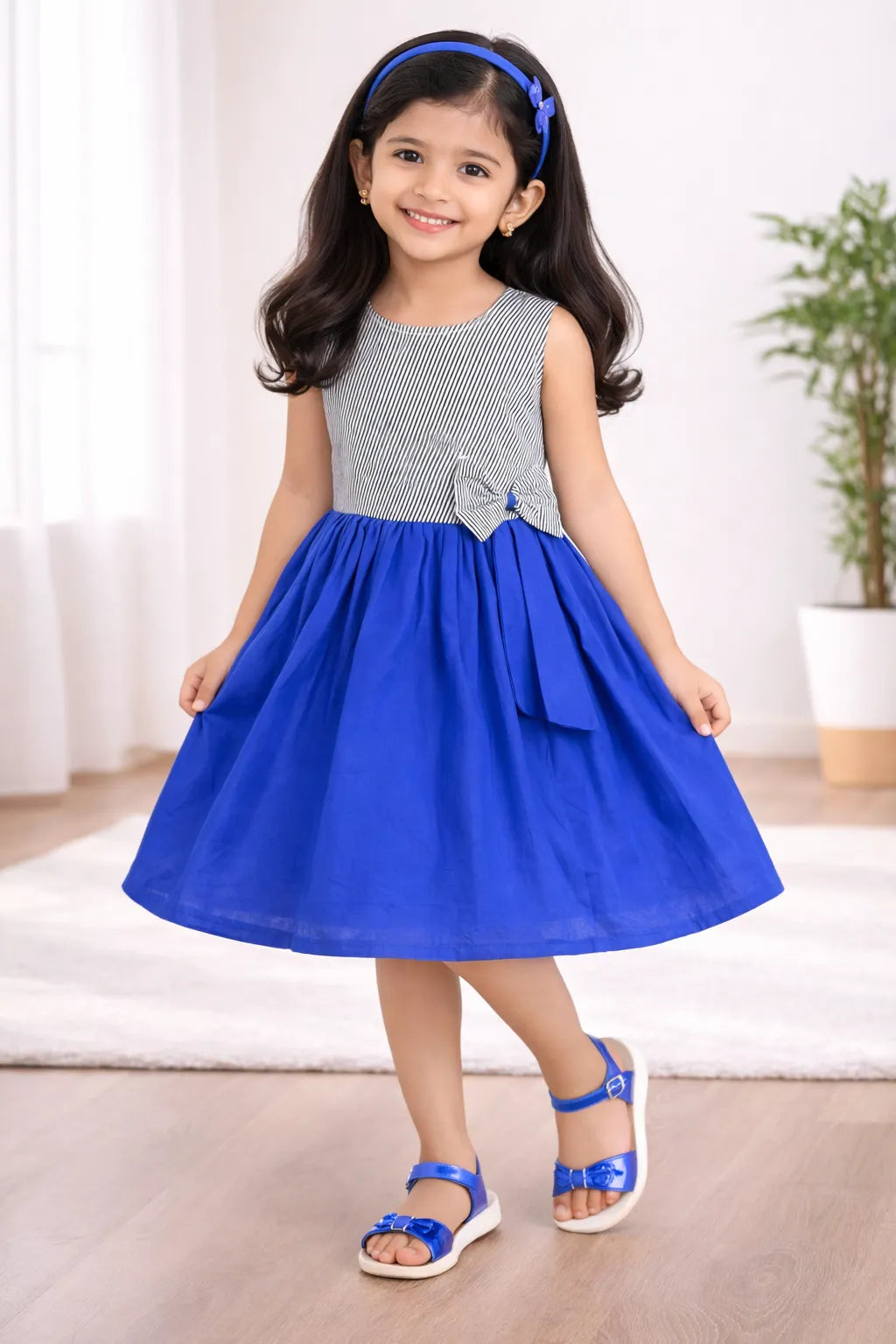 Girls Cotton Sleeveless Party Dress with Bow Detail