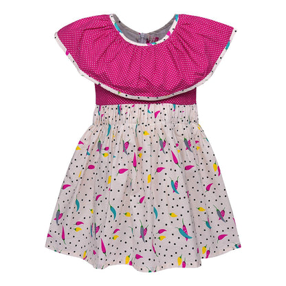 Girls Polka Dot Cotton One-Shoulder Dress with Ruffle Neckline