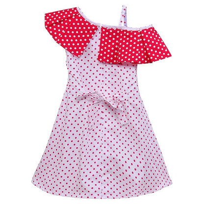 Girls Polka Dot Cotton One-Shoulder Dress with Ruffle Neckline