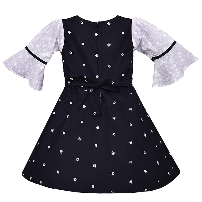 Girls White & Navy Blue Cotton Printed Dress with Bell Sleeves and Floral Detail | Soft & Breathable Kids Casual Party Dress
