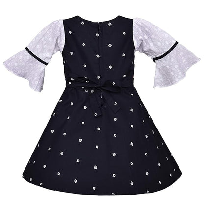 Girls White & Navy Blue Cotton Printed Dress with Bell Sleeves and Floral Detail | Soft & Breathable Kids Casual Party Dress