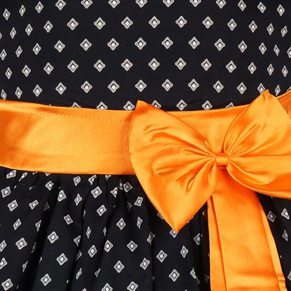 Girls Printed Cotton Party Wear Dress with Contrast Waist Bow