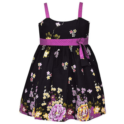 Girls Black Floral Printed Cotton Dress with Purple Polka Dot Waist Belt