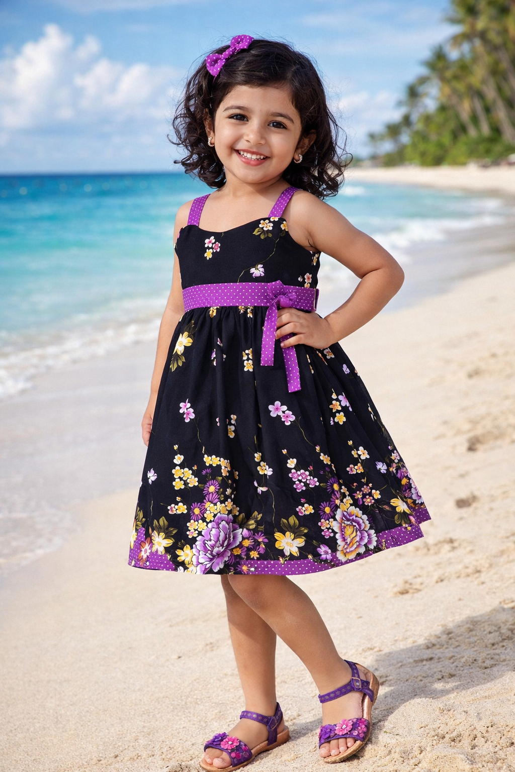 Girls Black Floral Printed Cotton Dress with Purple Polka Dot Waist Belt