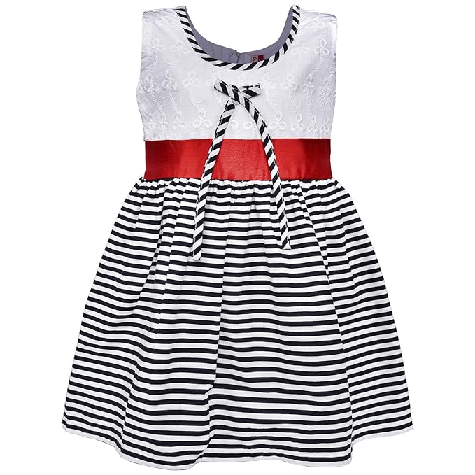 Girls White & Black Cotton Striped Sleeveless Dress with Bow | Soft & Breathable Kids Casual Party Dress