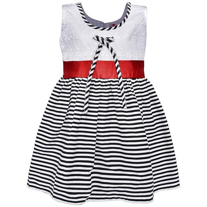 Girls White & Black Cotton Striped Sleeveless Dress with Bow | Soft & Breathable Kids Casual Party Dress