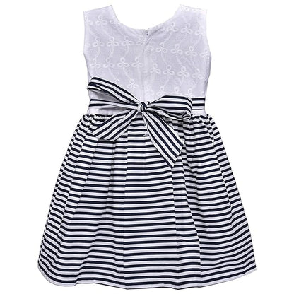 Girls White & Black Cotton Striped Sleeveless Dress with Bow | Soft & Breathable Kids Casual Party Dress