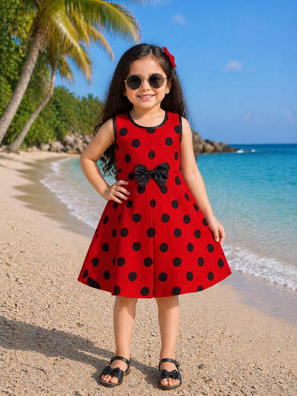 Girls Polka Dot Cotton Party Wear Dress with Bow Detail
