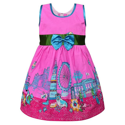 Girls Printed Cotton Party Dress with Green Waist Belt & Blue Bow