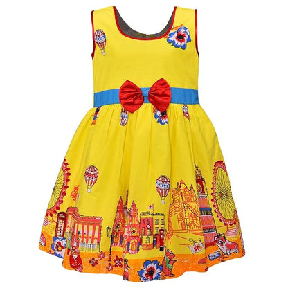 Girls Printed Cotton Party Dress with Green Waist Belt & Blue Bow