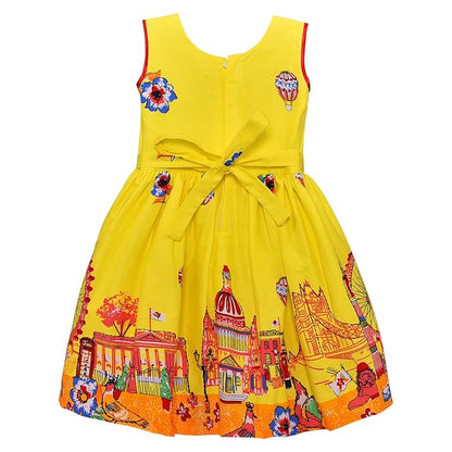 Girls Printed Cotton Party Dress with Green Waist Belt & Blue Bow