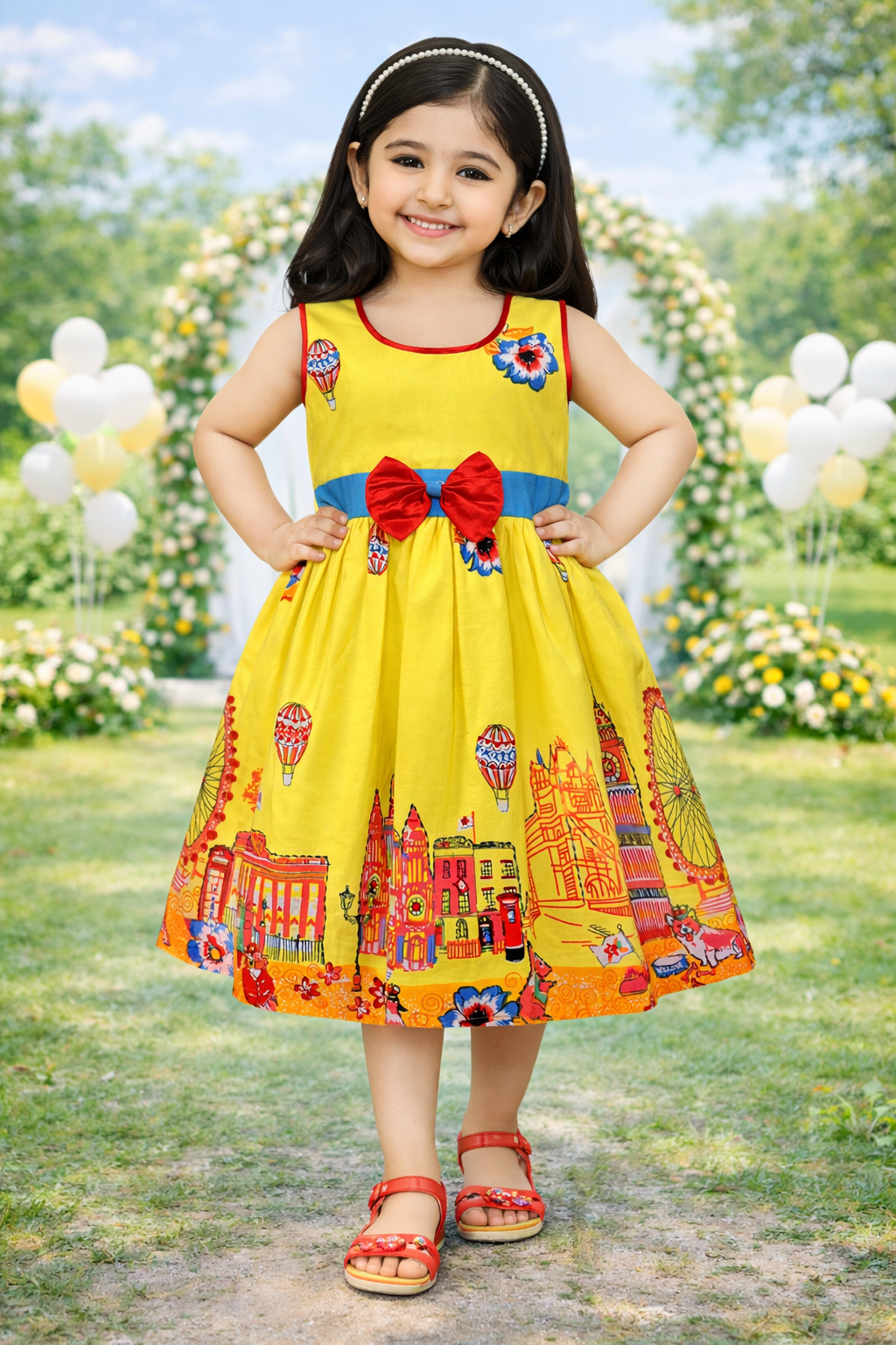 Girls Printed Cotton Party Dress with Green Waist Belt & Blue Bow