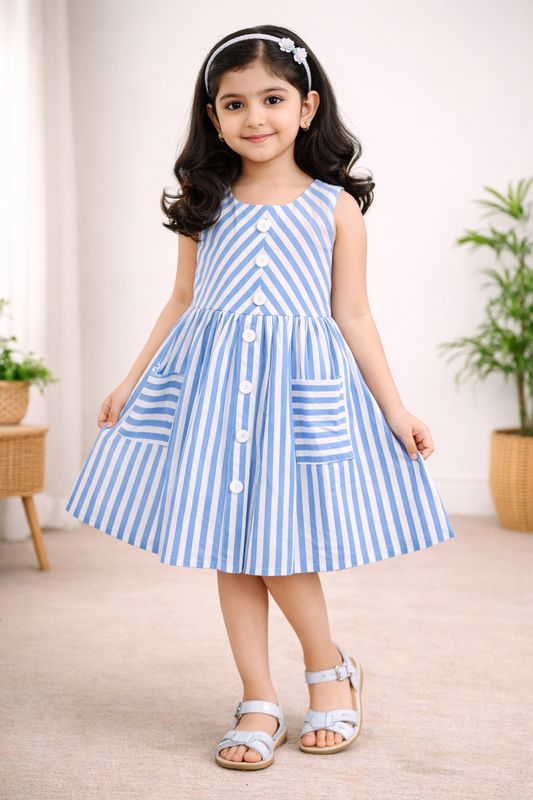 Girls Blue & White Striped Button-Down Dress