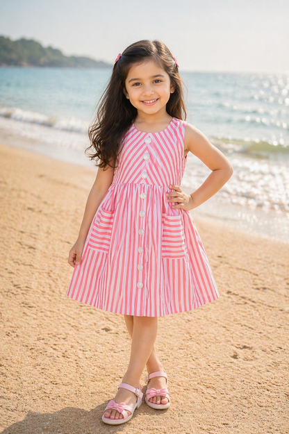 Girls Cotton Red & White Striped Button-Down Dress