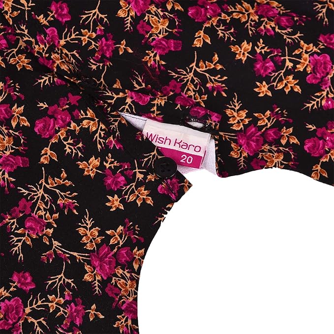 Girls Floral Printed Cotton Party Wear Dress with Contrast Yoke & Bow