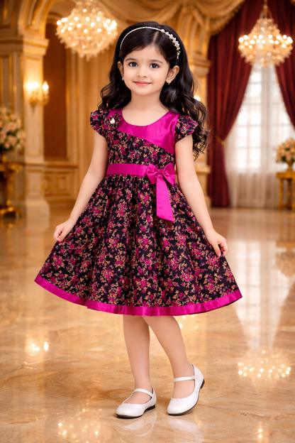 Girls Floral Printed Cotton Party Wear Dress with Contrast Yoke & Bow