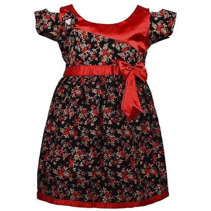 Girls Floral Printed Cotton Party Wear Dress with Contrast Yoke & Bow