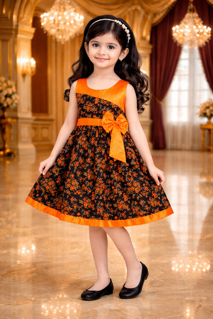 Girls Floral Printed Cotton Party Wear Dress with Contrast Yoke & Bow