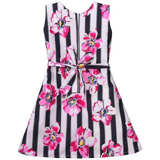 Girls Floral Printed Cotton A-Line Dress with Contrast Panel & Bow