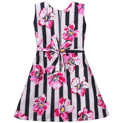 Girls Floral Printed Cotton A-Line Dress with Contrast Panel & Bow