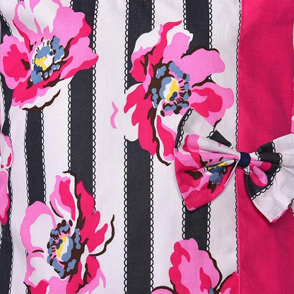 Girls Floral Printed Cotton A-Line Dress with Contrast Panel & Bow