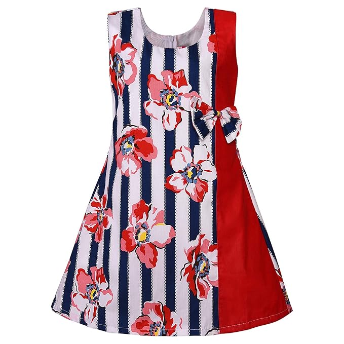 Girls Floral Printed Cotton A-Line Dress with Contrast Panel & Bow