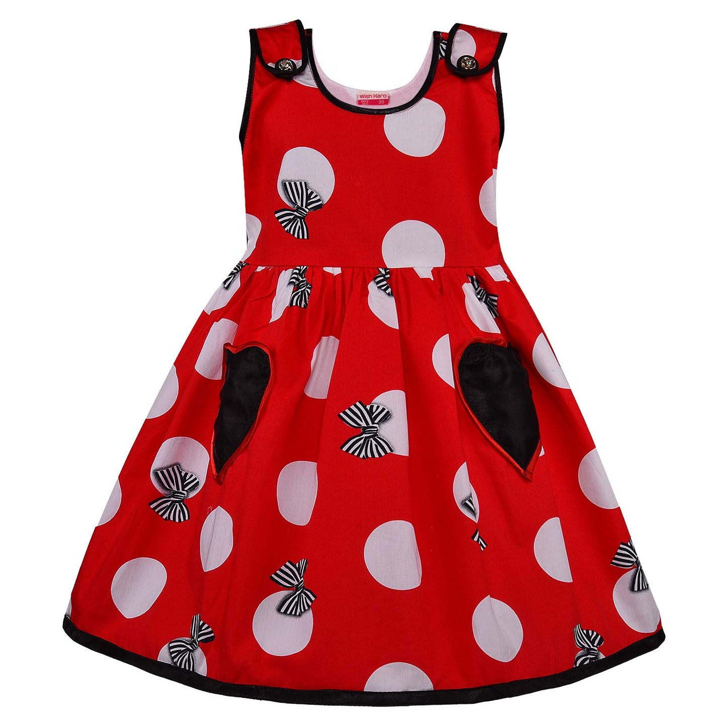 Girls Red Polka Dot Cotton Dress with Contrast Pockets & Bow Print