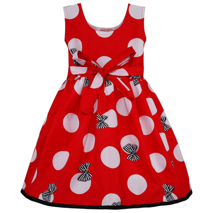 Girls Red Polka Dot Cotton Dress with Contrast Pockets & Bow Print