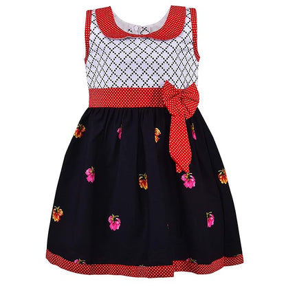 Girls Floral Printed Cotton Dress with Polka Dot Waist Bow