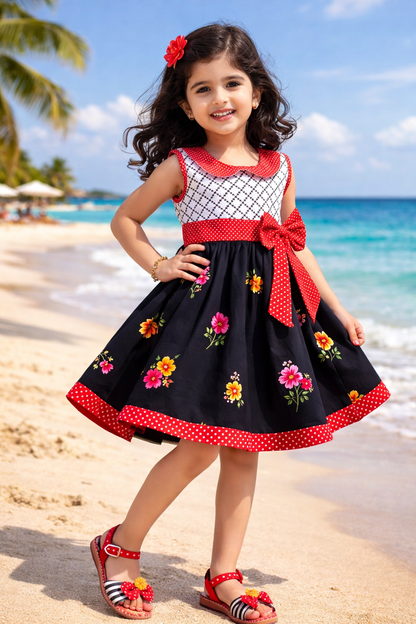 Girls Floral Printed Cotton Dress with Polka Dot Waist Bow
