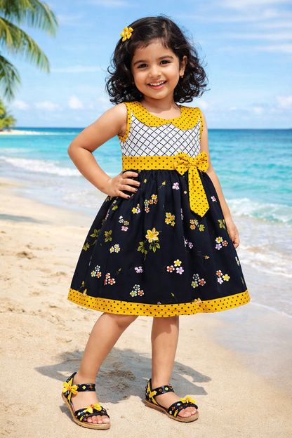 Girls Floral Printed Cotton Dress with Polka Dot Waist Bow