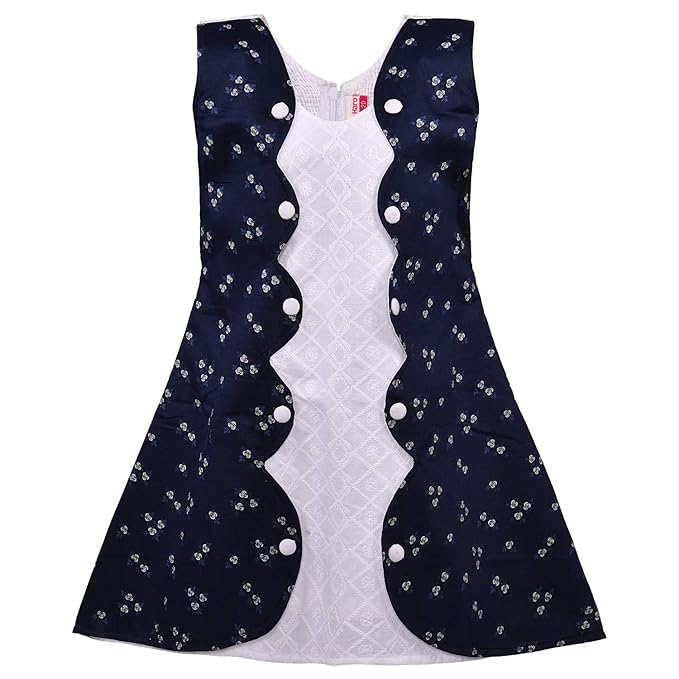 Girls Printed Cotton Dress with Contrast Panel & Button Detailing