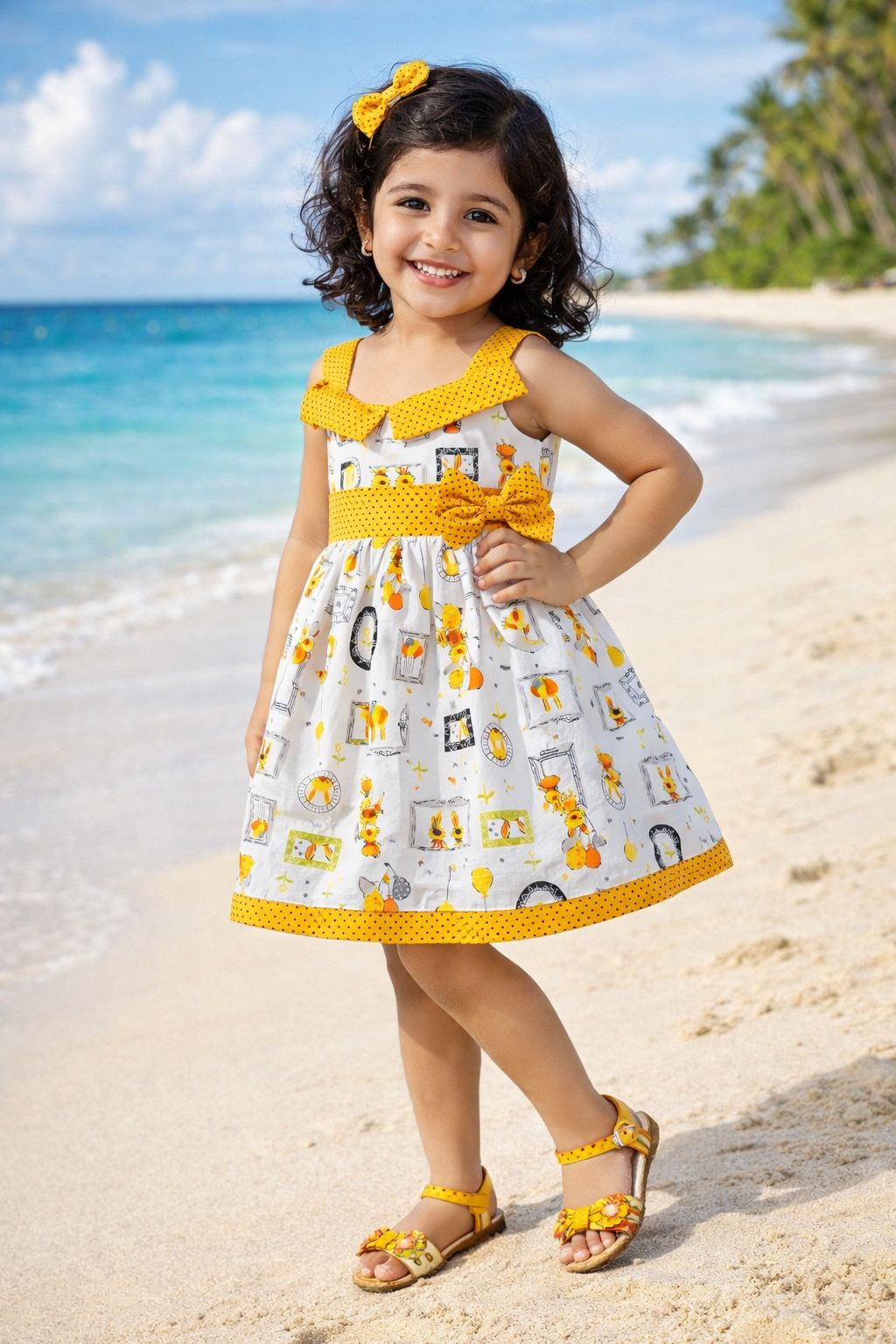Girls Printed Cotton Dress with Polka Dot Off-Shoulder Detail & Bow
