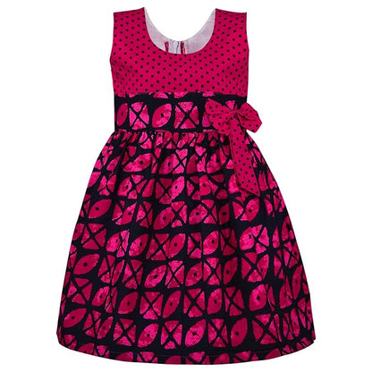 Girls Printed Cotton Dress with Polka Dot Bow Detail