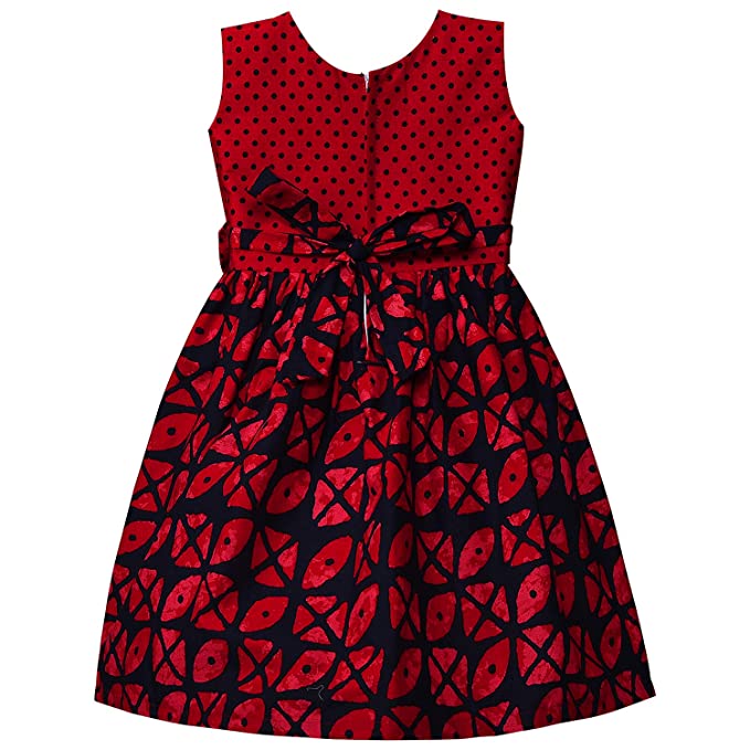 Girls Printed Cotton Dress with Polka Dot Bow Detail
