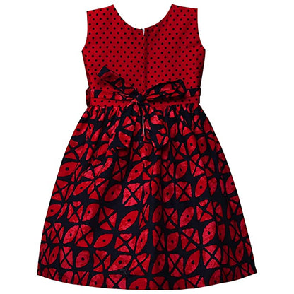 Girls Printed Cotton Dress with Polka Dot Bow Detail