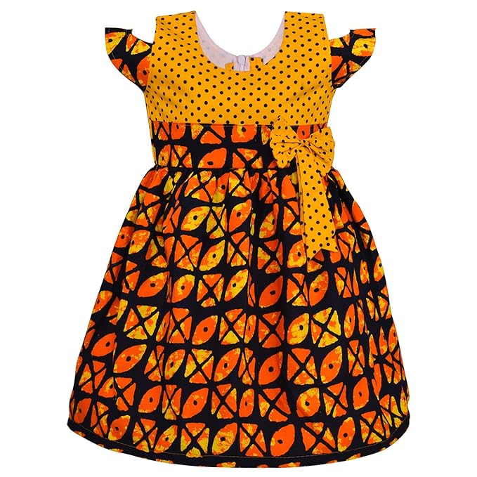 Girls Printed Cotton Dress with Polka Dot Bow Detail
