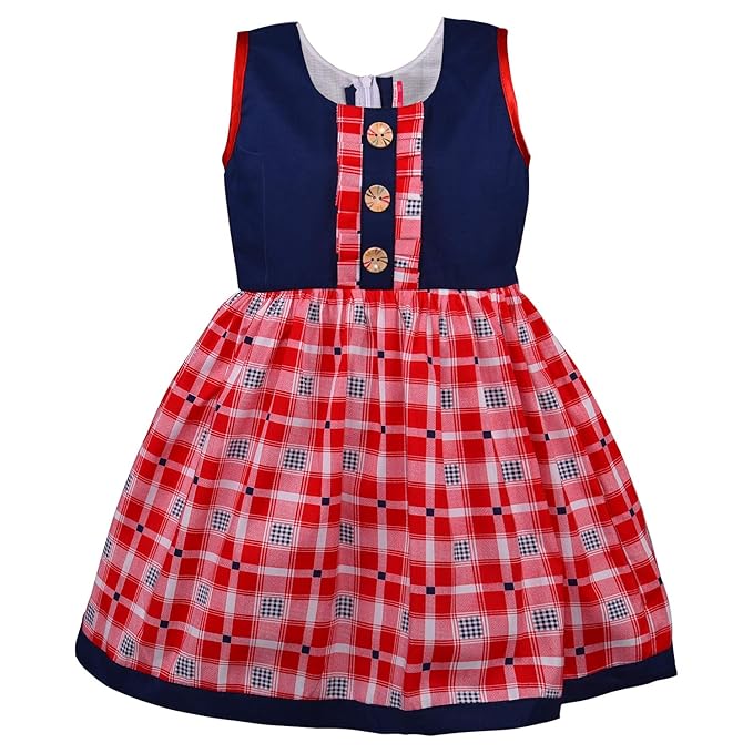Girls Navy Blue & Red Checked Cotton Dress with Front Button Detail