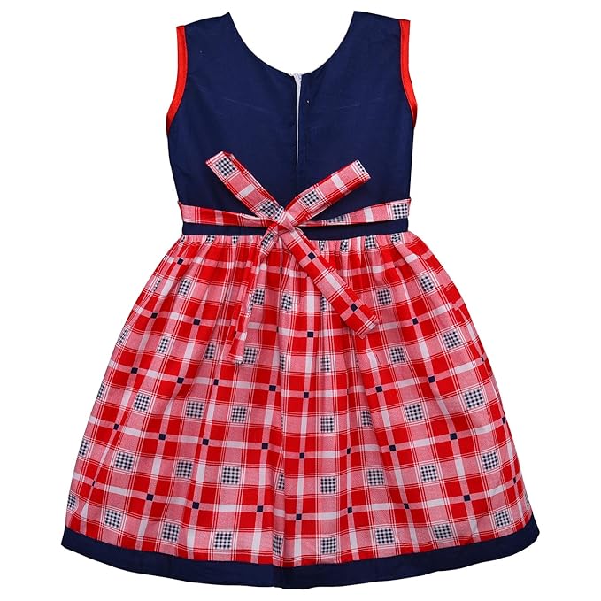 Girls Navy Blue & Red Checked Cotton Dress with Front Button Detail