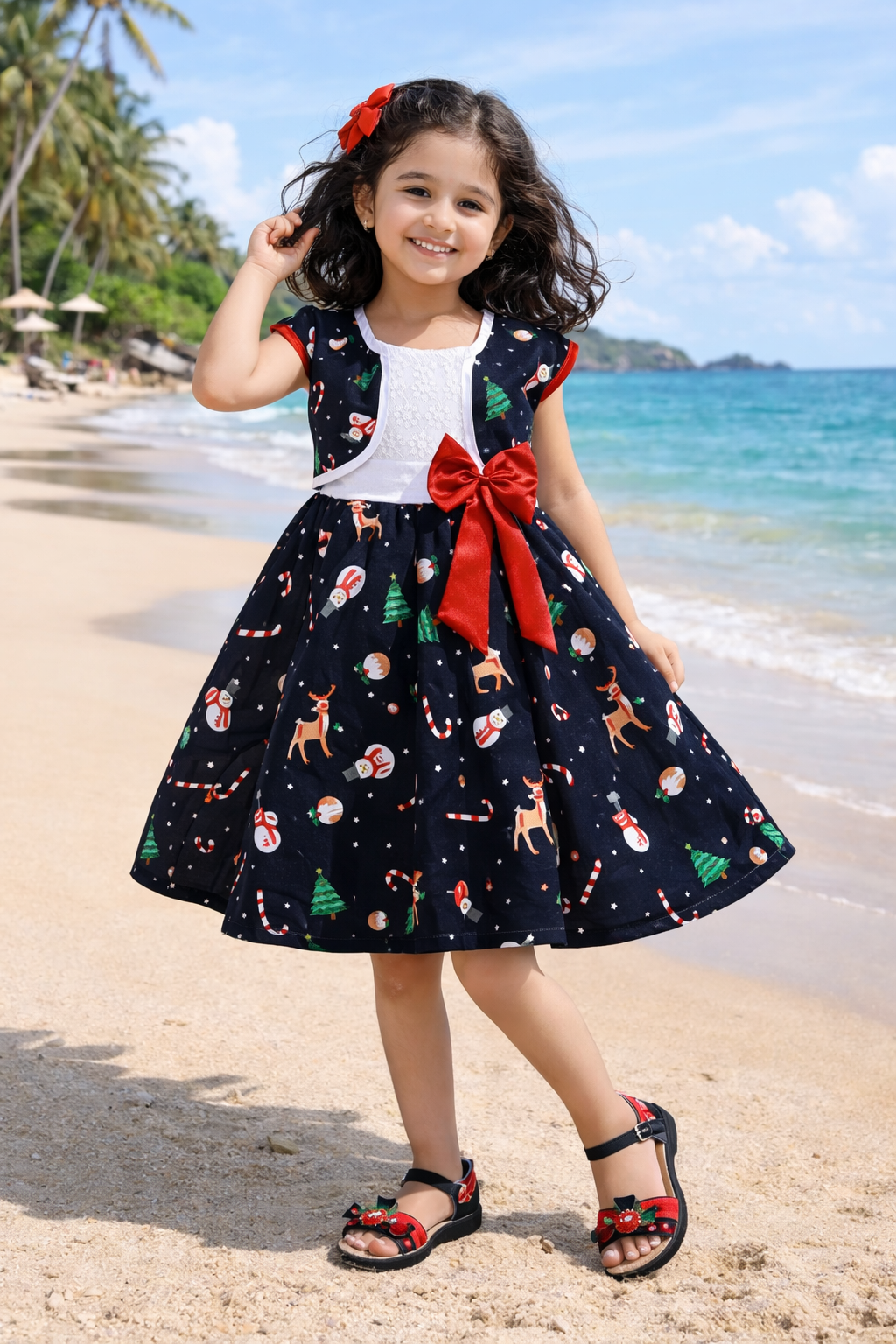 Baby Girls Christmas Printed Cotton Party Dress with Shrug & Bow â€“ Festive Wear Frock