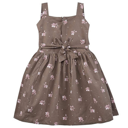 Girls Floral Printed Cotton Dress with Ruffle Neck & White Bow