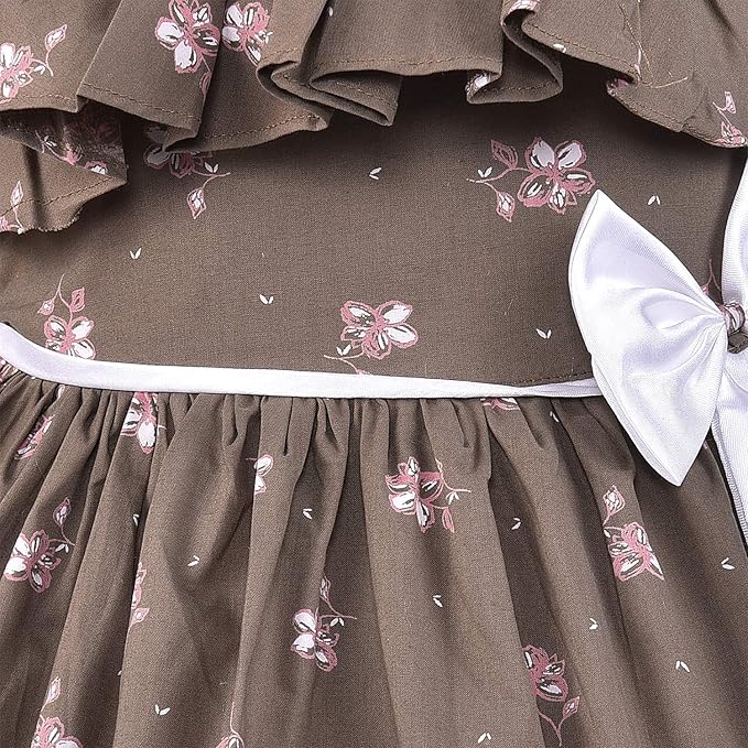 Girls Floral Printed Cotton Dress with Ruffle Neck & White Bow
