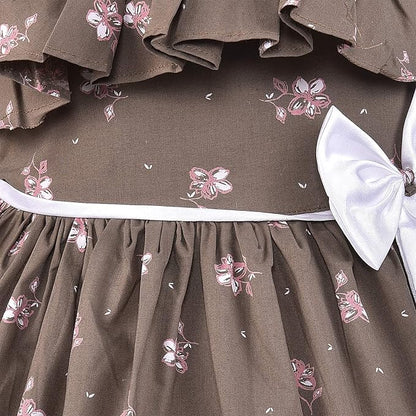 Girls Floral Printed Cotton Dress with Ruffle Neck & White Bow