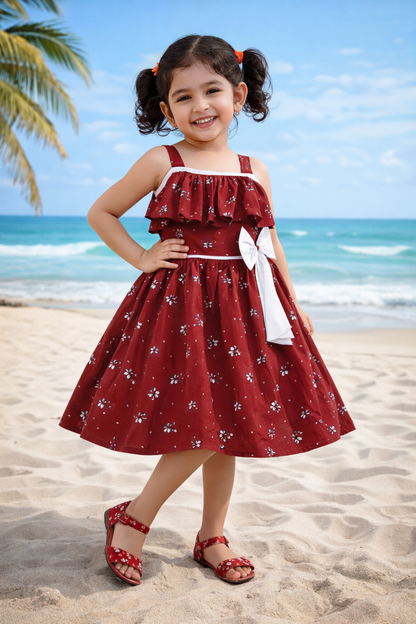 Girls Floral Printed Cotton Dress with Ruffle Neck & White Bow