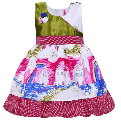 Girls Green & White Printed Cotton Dress with Polka Dot Ruffle Hem